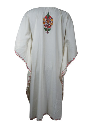Women Kimono Caftan Dress, Cotton Embroidered White Butterfly Oversized Dresses L-2X