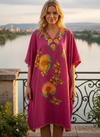 Women Kimono Caftan Dress, Cotton Embroidered Pink Butterfly Dresses L-2X