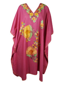  Women Kimono Caftan Dress, Cotton Embroidered Pink Butterfly Dresses L-2X