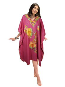  Women Kimono Caftan Dress, Cotton Embroidered Pink Butterfly Dresses L-2X