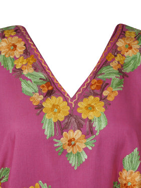 Women Kimono Caftan Dress, Cotton Embroidered Pink Butterfly Dresses L-2X