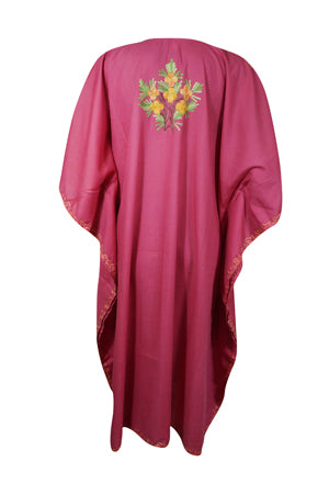 Women Kimono Caftan Dress, Cotton Embroidered Pink Butterfly Dresses L-2X