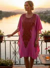 Women’s Pink Butterfly Cotton Kimono Caftan Dress – Embroidered Oversized Boho Style L-2X