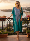 Cotton Sea Green Embroidered Kimono Kaftan Midi Dress – Women’s Boho Resort Wear, L-2X