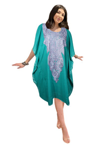  Kimono Kaftan Midi Dress Cotton Sea Green Embroidered Caftan Dresses L-2X
