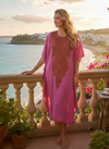 Women’s Daisy Pink Midi Kaftan Dress – Kimono Style Loose Caftan, Boho Resort Wear L-2X