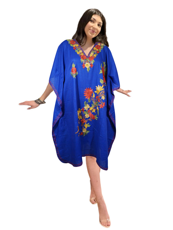 Womens Caftan Dress Blue Orchid Cotton Embroidered Kaftan L-2X