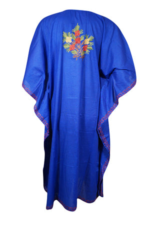 Womens Caftan Dress, Blue Orchid Embroidered, Butterfly Sleeves, Oversized Tunic L-2X