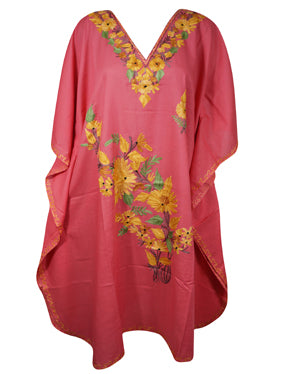 Womens Embroidered Kaftan Dress, Mid Length, Sunset Pink Caftan, Oversized Tunic L-2X