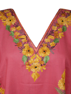 Womens Embroidered Kaftan Dress, Mid Length, Sunset Pink Caftan, Oversized Tunic L-2X