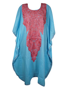  Womens Sea Blue Kaftan Dress, Mid Length, Cotton Embroidered Caftan Dresses L-2X