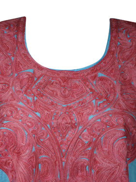 Womens Sea Blue Kaftan Dress, Mid Length, Cotton Embroidered Caftan Dresses L-2X
