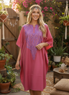 Women’s Pink Cotton Embroidered Caftan Dress – Boho Leisure Wear, Elegant Hostess Dress, L-2X
