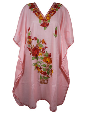 Womens Pink Short Kaftan Dress, Cotton, Boho Embroidered Caftan Dresses L-2X