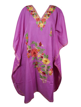 Womens Kaftan Dress, Mid Length, Flawless Daisy Pink Cotton Embroidered Dresses L-2X