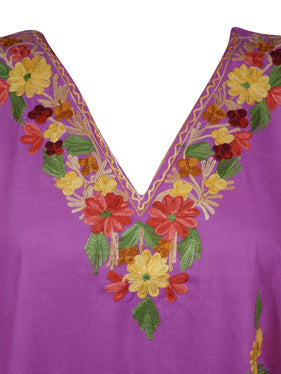 Womens Kaftan Dress, Mid Length, Flawless Daisy Pink Cotton Embroidered Dresses L-2X