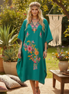 Women’s Sea Green Embroidered Cotton Caftan Dress – Boho Hostess Resort Wear L-2X