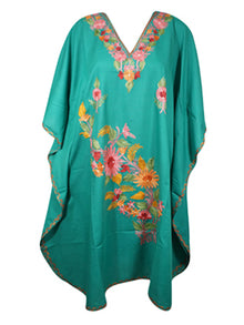 Cotton Sea Green Embroidered Caftan Dresses For Womens, Hostess Dresses, L-2X
