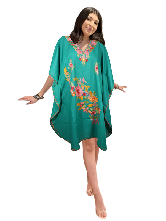 Cotton Sea Green Embroidered Caftan Dresses For Womens, Hostess Dresses, L-2X