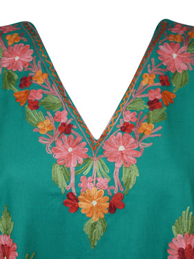 Cotton Sea Green Embroidered Caftan Dresses For Womens, Hostess Dresses, L-2X