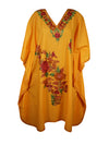 Women Kimono Kaftan Short Dress, Cotton Yellow Rose Embroidered Caftan Dresses L-2X