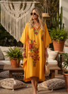 Women’s Yellow Rose Embroidered Cotton Kimono Kaftan Dress – Short Boho Caftan L-2X