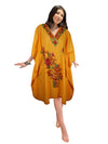 Women Kimono Kaftan Short Dress, Cotton Yellow Rose Embroidered Caftan Dresses L-2X