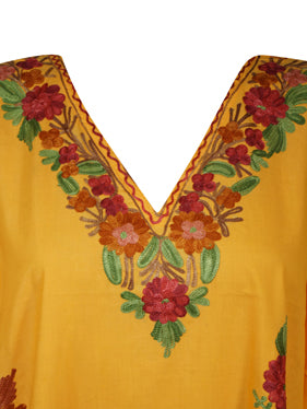 Women Kimono Kaftan Short Dress, Cotton Yellow Rose Embroidered Caftan Dresses L-2X