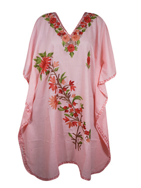 Women's Muumuu Caftan Short Dress, Rose pink Floral Embroidered Leisure Wear L-2X