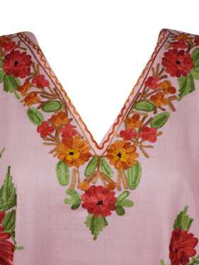 Womens Pink Short Kaftan Dress, Cotton, Embroidered Dresses Leisure Wear L-2X