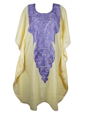Womens Yellow Short Kaftan Dress, Cotton, Embroidered Dresses Leisure Wear L-2X