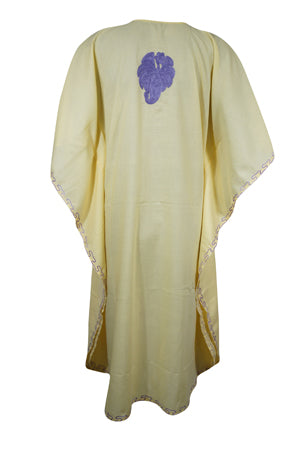Womens Yellow Short Kaftan Dress, Cotton, Embroidered Dresses Leisure Wear L-2X