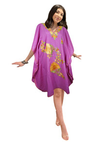 Womens Kaftan Dress, Mid Length, Flawless Daisy Pink Cotton Embroidered Dresses L-2X