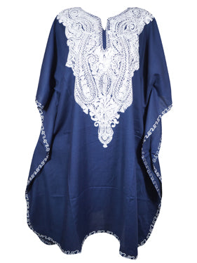 Women's Muumuu Caftan Short Dress, Mid Night Blue Embroidered Leisure Wear L-2X