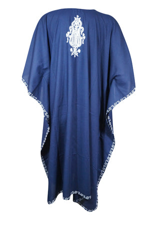 Women's Muumuu Caftan Short Dress, Mid Night Blue Embroidered Leisure Wear L-2X