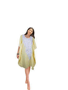  Short Kaftan Cotton Lemon Yellow Embroidered Beach Cover Up L-2X