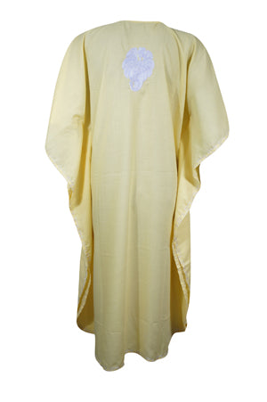 Women's Muumuu Caftan Short Dress, Cotton Lime Yellow Embroidered Leisure Wear L-2X