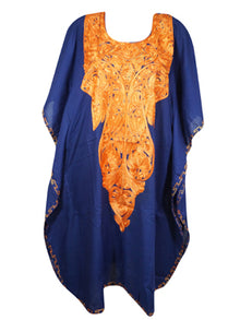  Women Short Kaftan Dress, Dark Blue Embroidered, Oversized Tunic, Leisure Wear L-2X