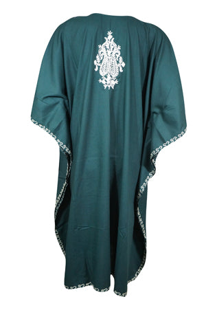 Cotton Green Embroidered Caftan Dresses For Womens, Leisure Wear Hostess Dress, L-2X