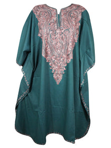  Women Caftan Dress, Cotton Embroidered Lake Green, Leisure Wear, Short Kimono Dresses L-2X