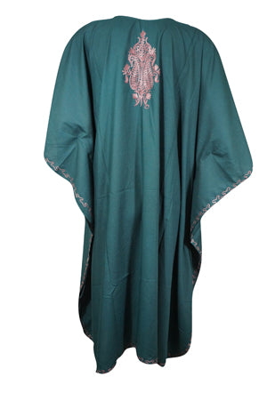 Women Caftan Dress, Cotton Embroidered Lake Green, Leisure Wear, Short Kimono Dresses L-2X