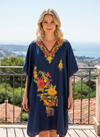 Women's Deep Blue Embroidered Loose Caftan Kimono Midi Dress – Boho Relaxed Fit Kaftan L-2X
