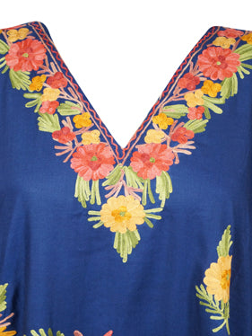 Womens Short Dresses, Flawless Deep Blue, Embroidered Loose Caftan Kimono Dress L-2X