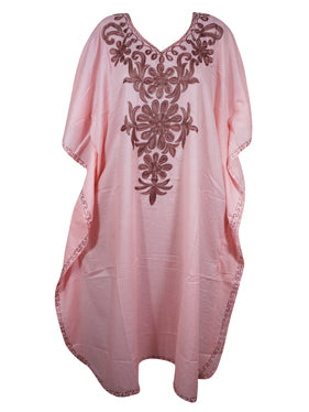 Women's Muumuu Caftan Short Dress, Cotton Rose Pink Embroidered Leisure Wear L-2X