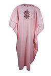 Women's Muumuu Caftan Short Dress, Cotton Rose Pink Embroidered Leisure Wear L-2X