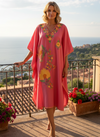 Women's Pink Cotton Floral Embroidered Muumuu Caftan Short Dress – Boho Leisure Wear, Relaxed Resort Lounge Summer Kaftan L-2X