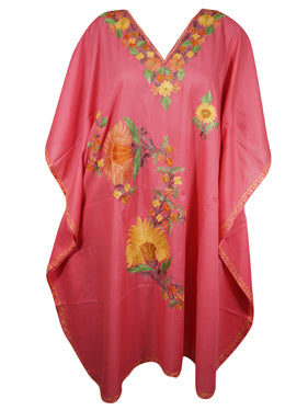 Women's Muumuu Caftan Short Dress, Pink Cotton Floral Embroidered Leisure Wear L-2X