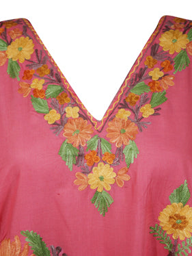 Women's Muumuu Caftan Short Dress, Pink Cotton Floral Embroidered Leisure Wear L-2X