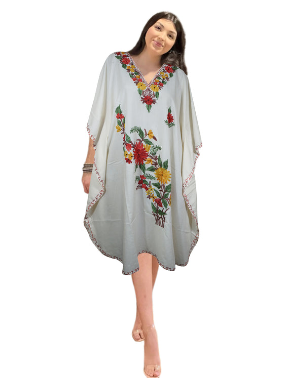 Women Caftan Dress, Cotton Embroidered Snow White, Leisure Wear, Hostess Dresses L-2X