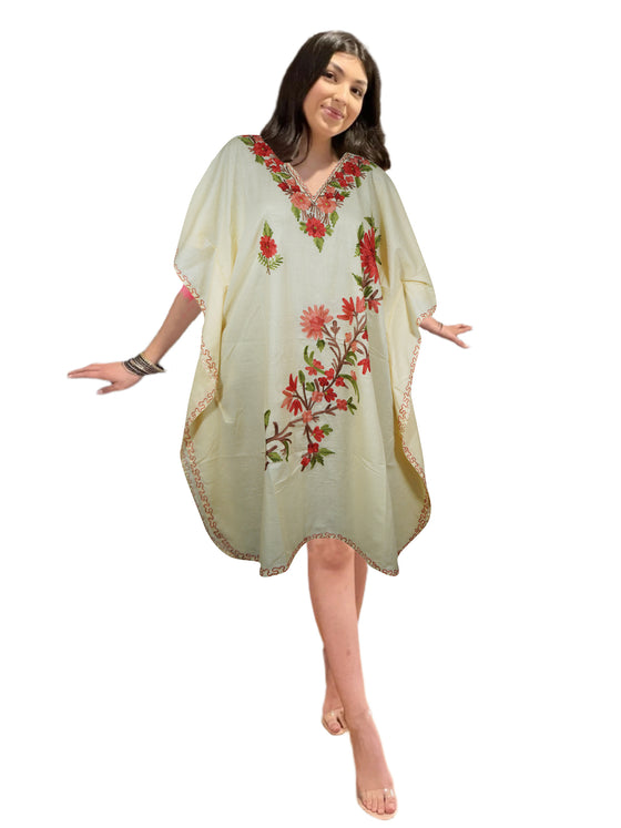 Women Caftan Pale Peach Dress, Cotton Embroidered Leisure Wear, Short Kimono Dresses L-2X